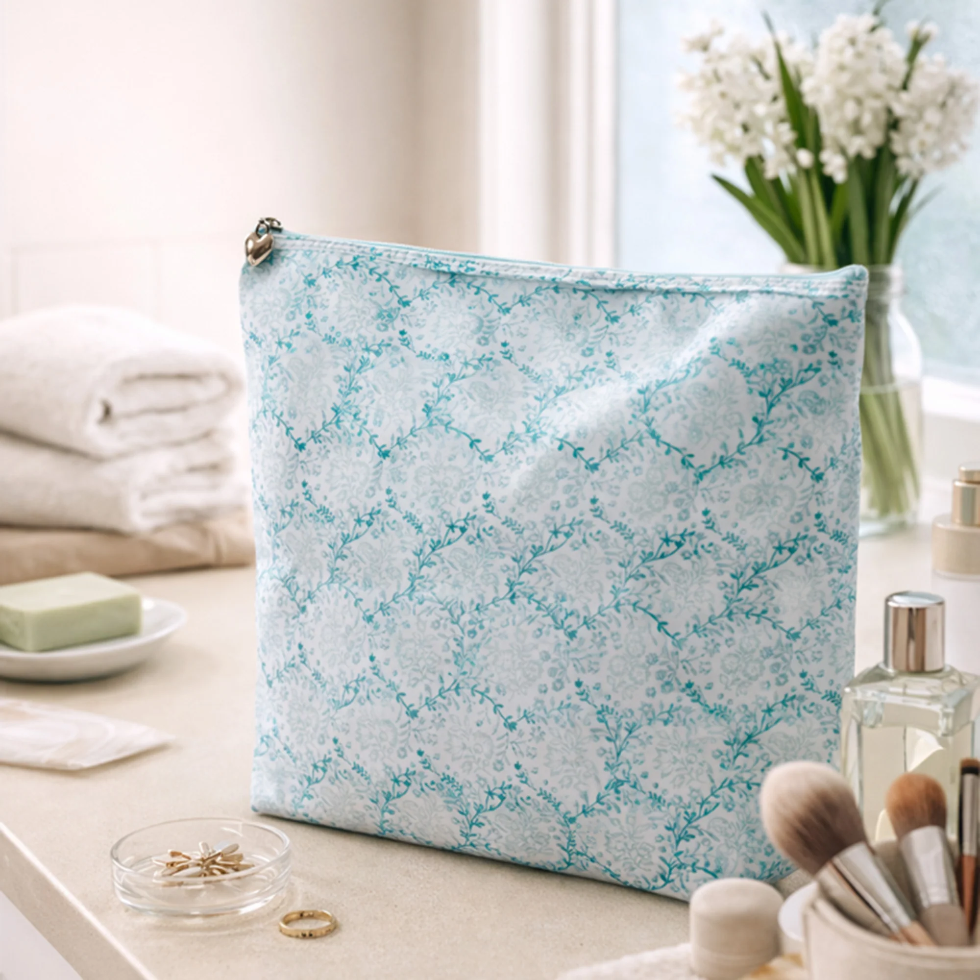 Cosmetic Bag (Large), Trellis (Aqua) - Image 4