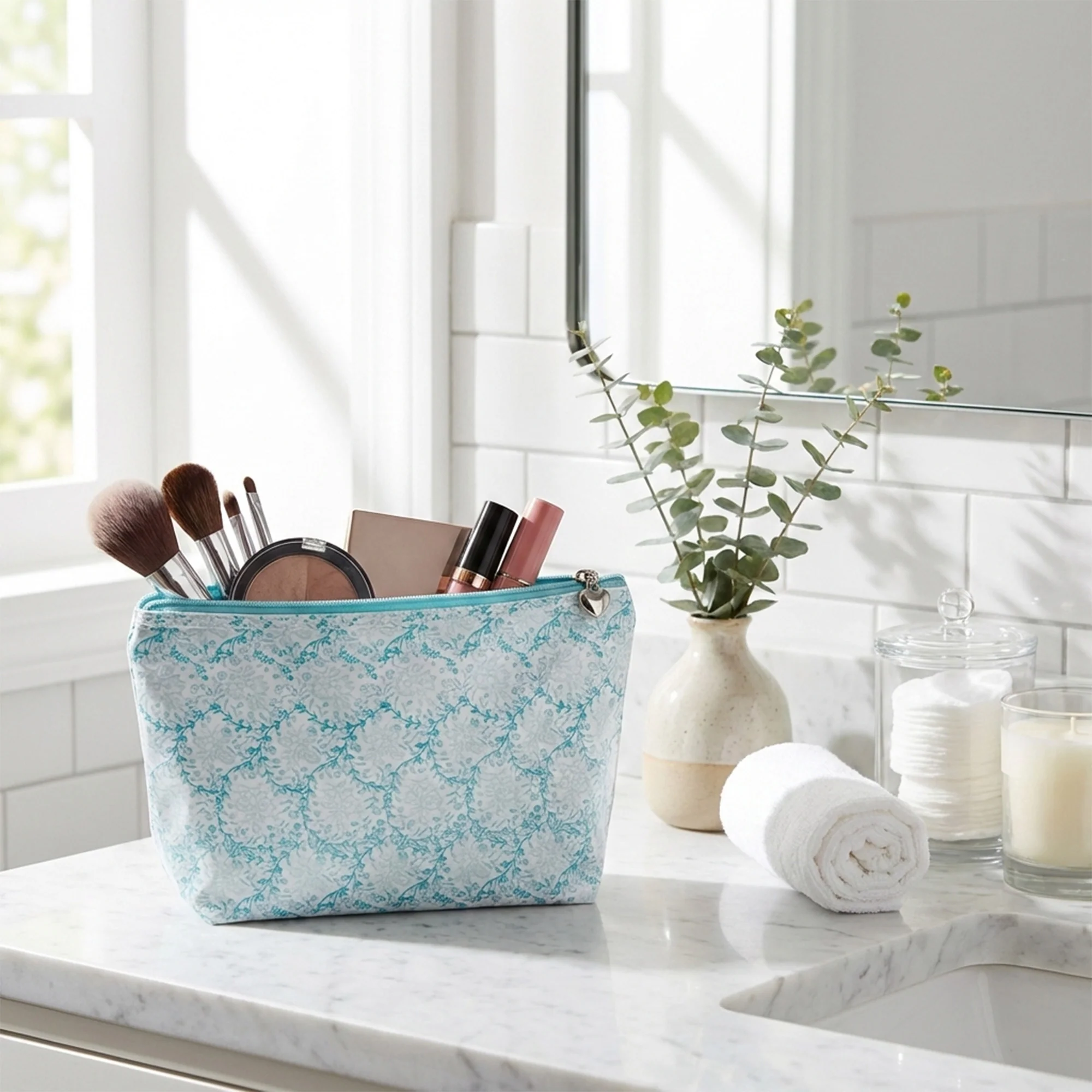Cosmetic Bag (Medium), Cotton/Waterproof PVC, Aqua Trellis - Image 2