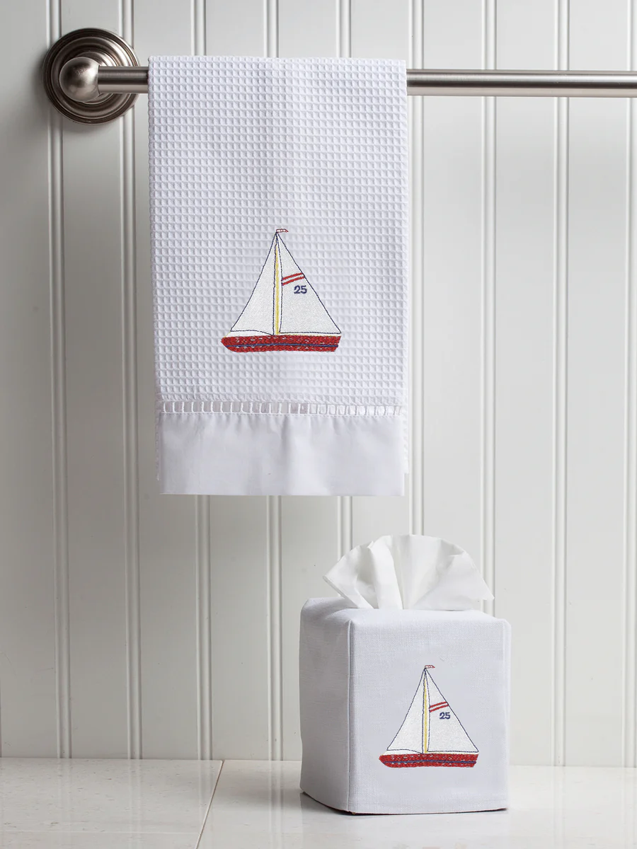Guest Towel , Waffle Weave, Sailboat (Red, White) - Image 2