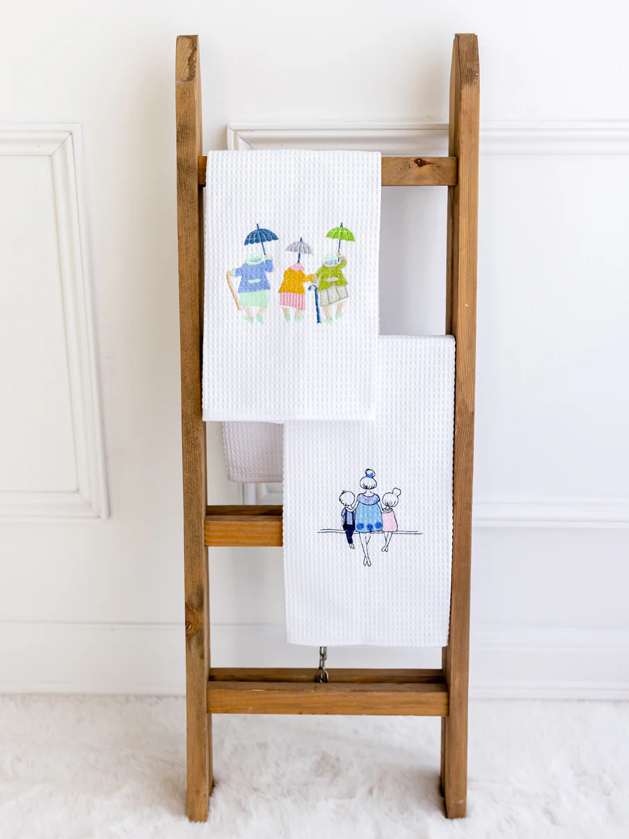 Guest Towel - White Waffle Weave, Embroidered People - Image 10
