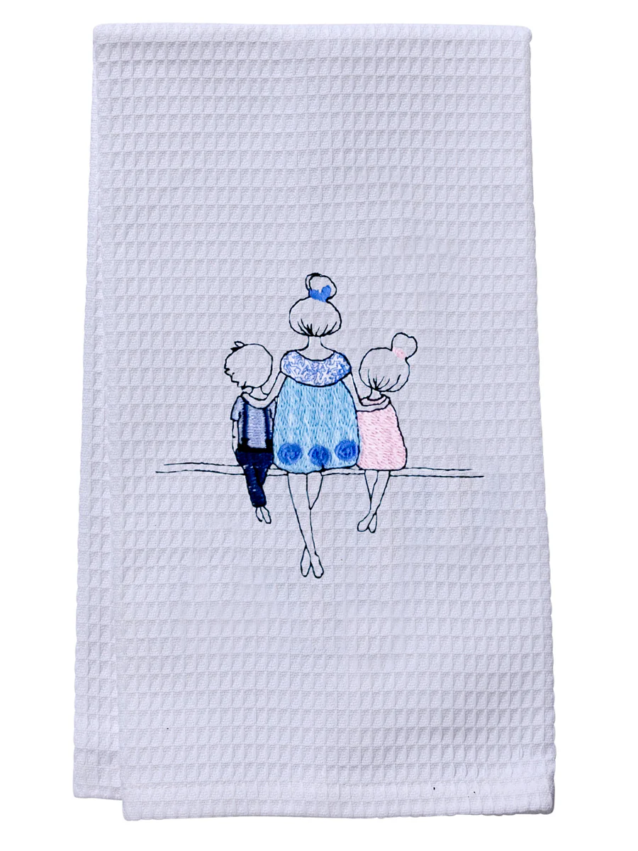 Guest Towel - White Waffle Weave, Embroidered People - Image 11