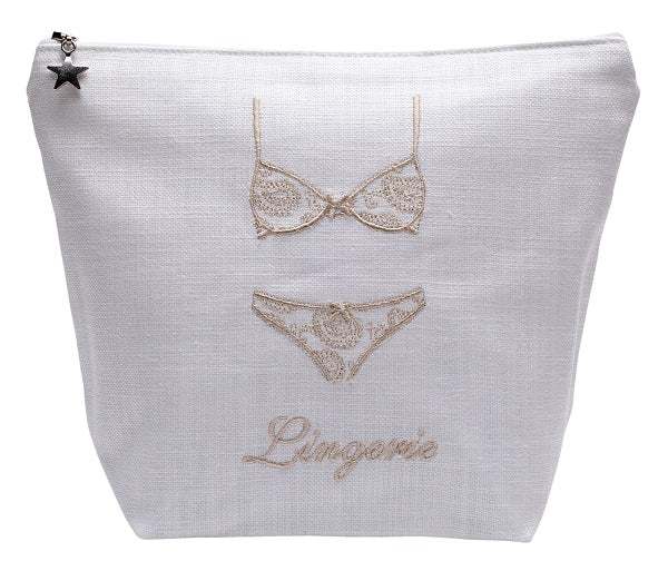 Lingerie Bag - White Linen / Cotton, Embroidered - Image 3