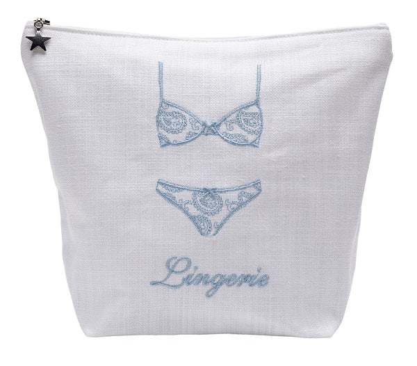 Lingerie Bag - White Linen / Cotton, Embroidered - Image 4