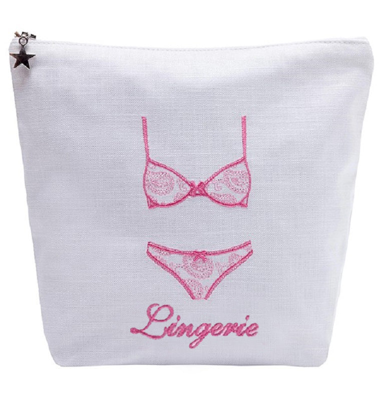 Lingerie Bag - White Linen / Cotton, Embroidered - Image 5