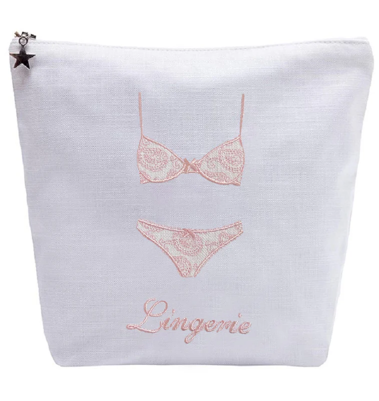 Lingerie Bag - White Linen / Cotton, Embroidered - Image 6