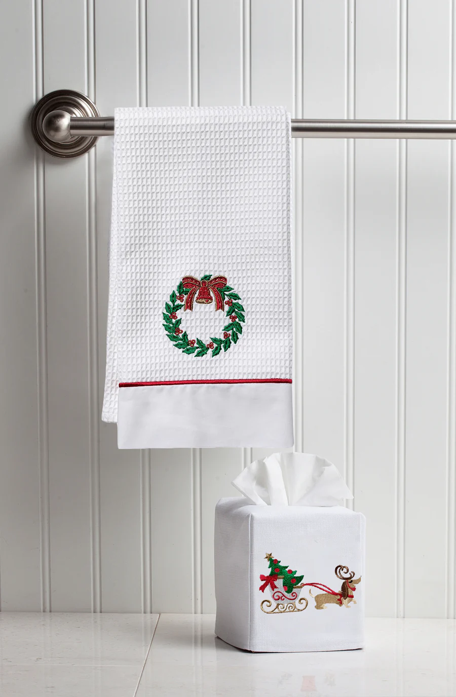 Guest Towel, Waffle Weave and Satin Trim, Holiday Designs - Image 3