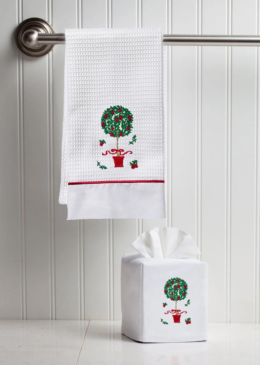 Guest Towel, Waffle Weave and Satin Trim, Pear Topiary Tree - Image 3