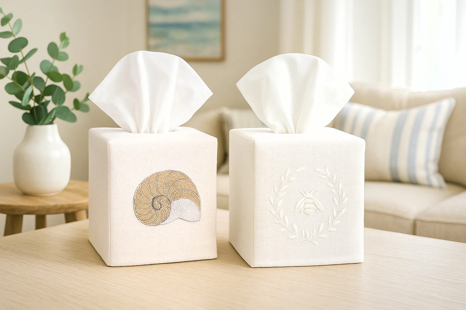 Tissue Box Cover, Linen Cotton - Striped Nautilus (Beige - Image 2