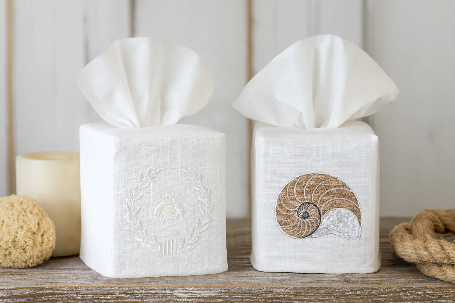 Tissue Box Cover, Linen Cotton - Striped Nautilus (Beige - Image 3