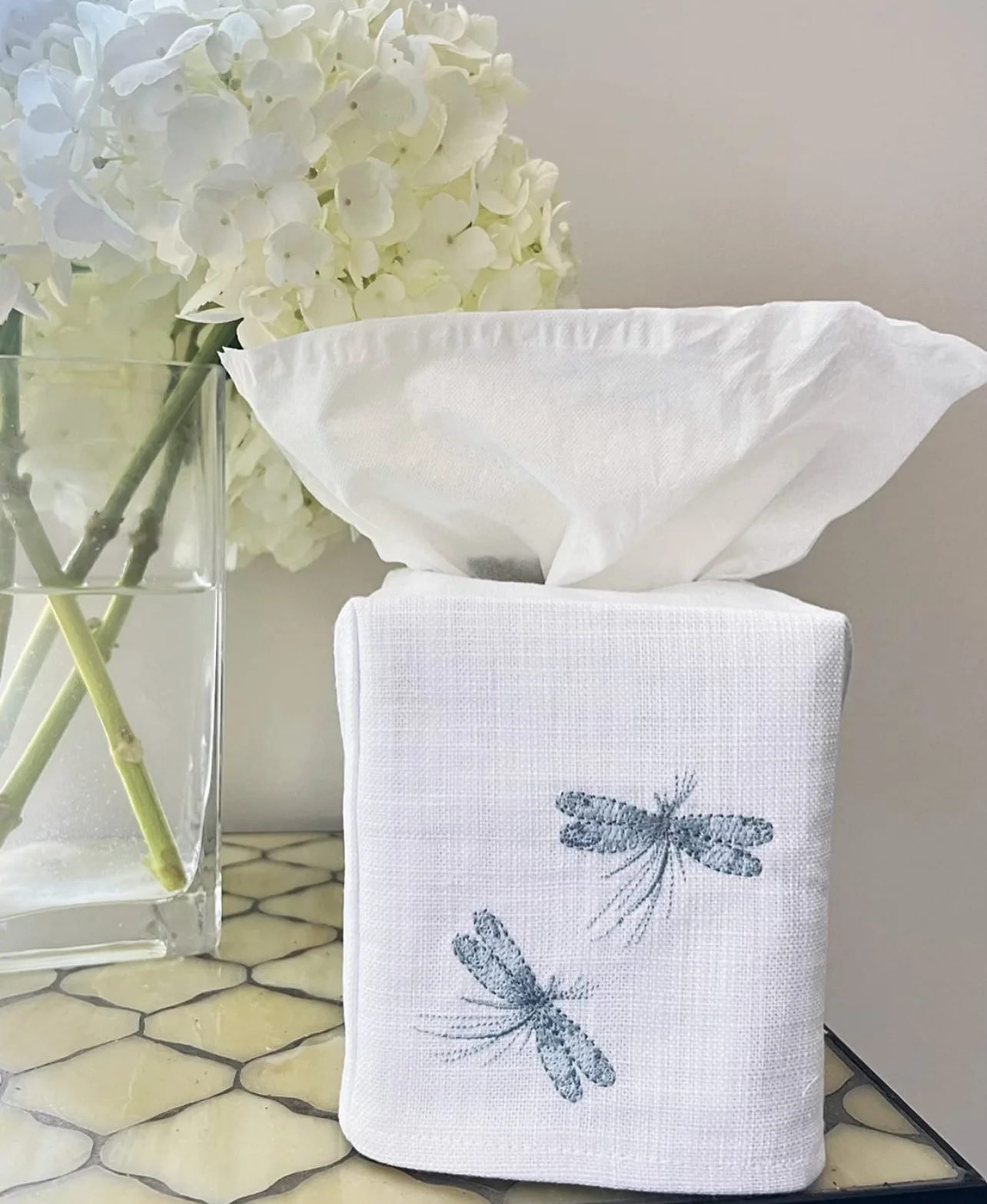 Tissue Box Cover, Linen Cotton - Classic Three Dragonflies (Duck Egg Blue) - Image 2