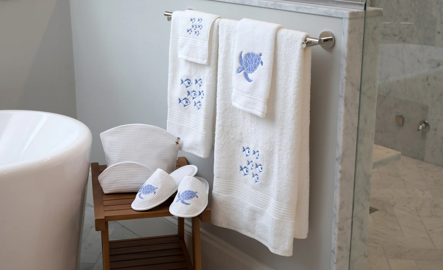 Bath Towel - White Cotton Terry, Embroidered - Image 6