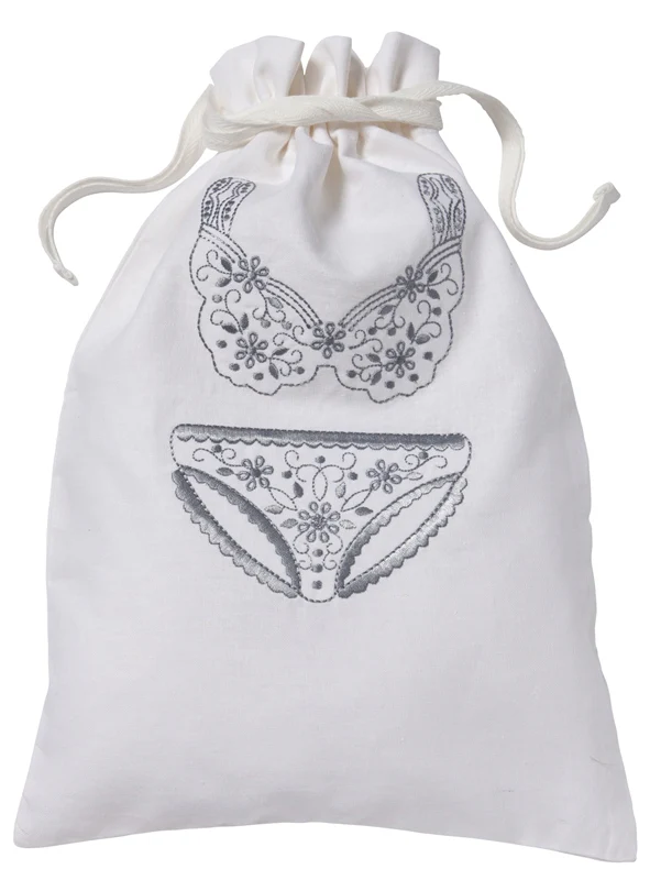 Lingerie Bag, White Cotton/Linen - Drawstring Closure - Image 3