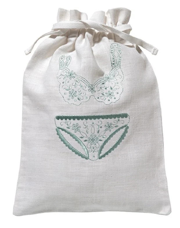 Lingerie Bag, White Cotton/Linen - Drawstring Closure - Image 4