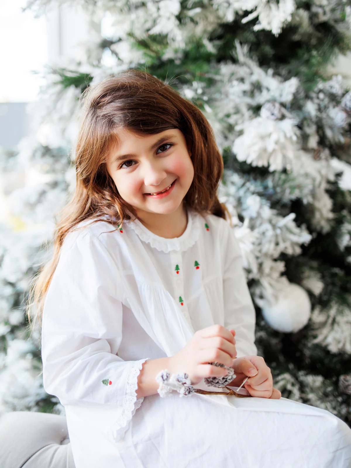 Christmas (Girls) White Cotton Dress, Embroidered - Image 2