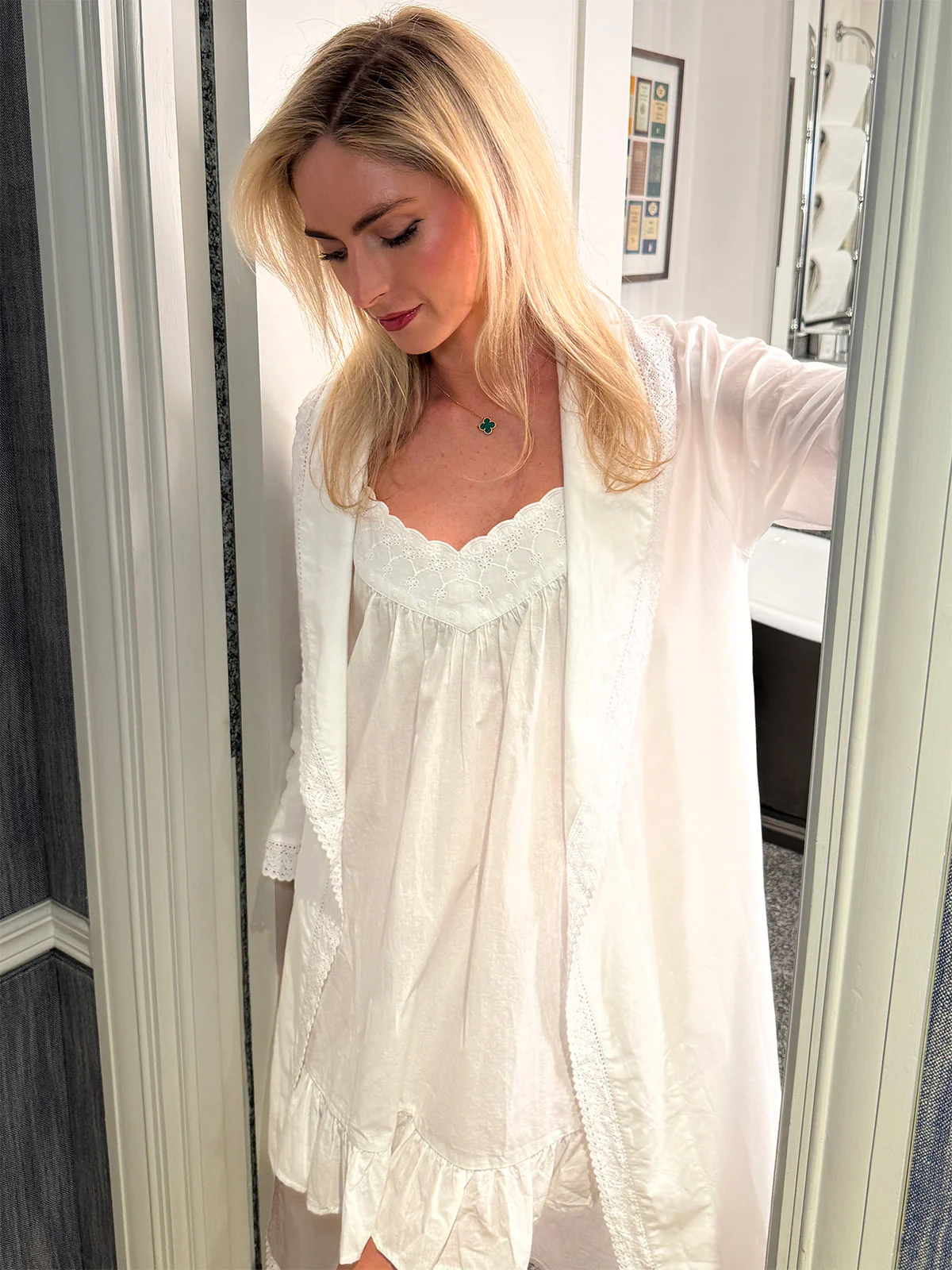 Bathrobe - White Cotton, Long Sleeve - Image 3