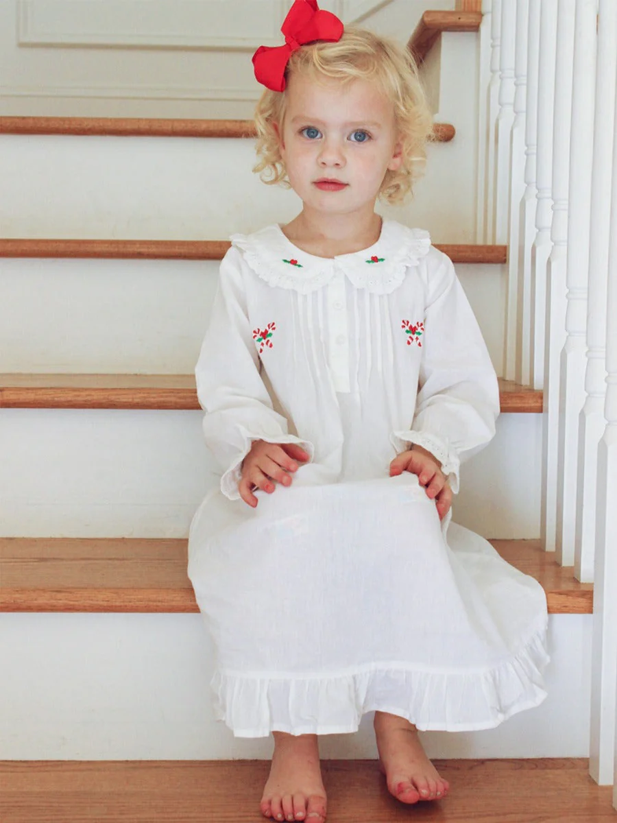 Candy Cane White Cotton Dress, Embroidered - Image 2