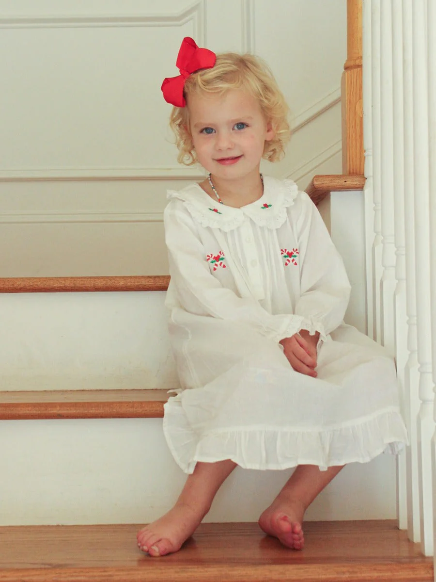 Candy Cane White Cotton Dress, Embroidered - Image 3