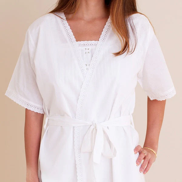 Bathrobe - White Cotton, Short Sleeve - Image 4