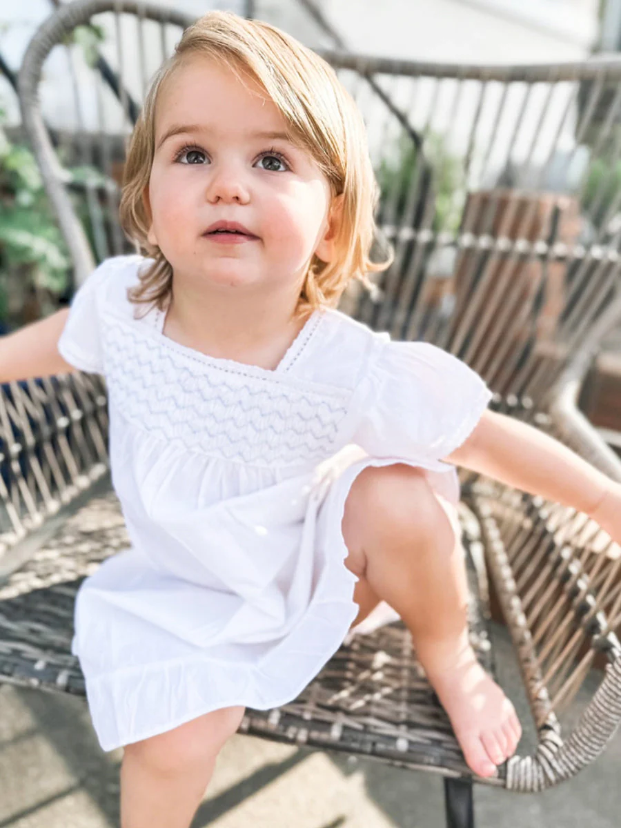 Amelia White Cotton Dress, Smocked - Image 7