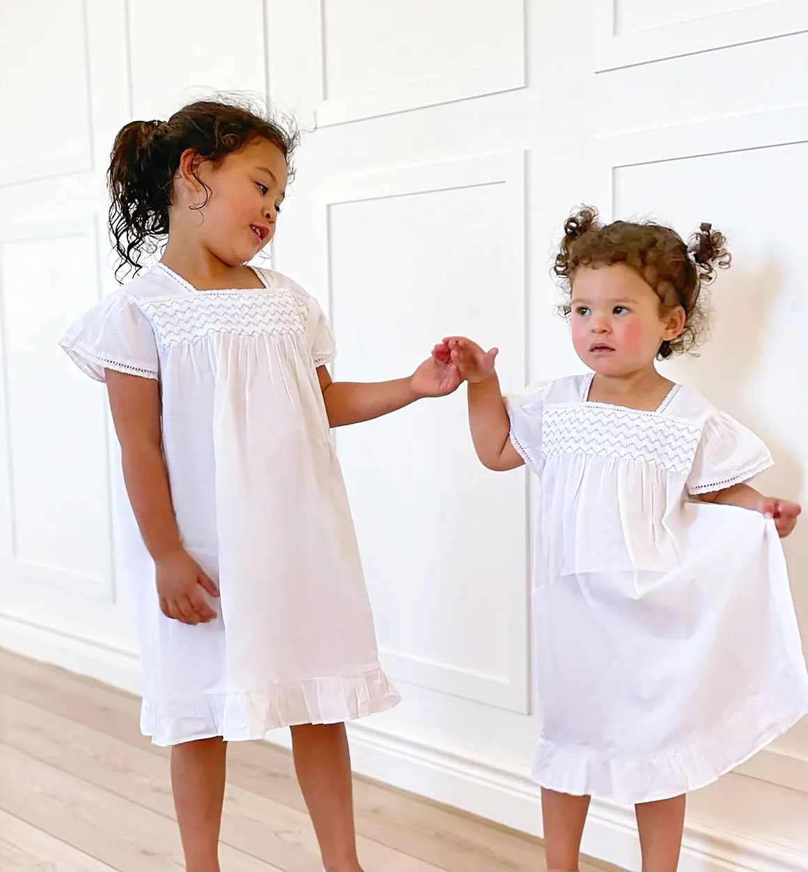 Amelia White Cotton Dress, Smocked - Image 9