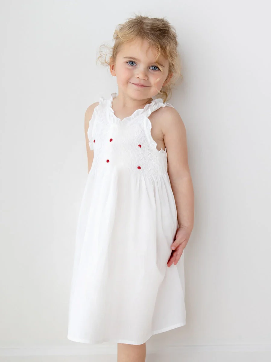 Noa White Cotton Dress, Smocked with Hand Embroidery - Image 3