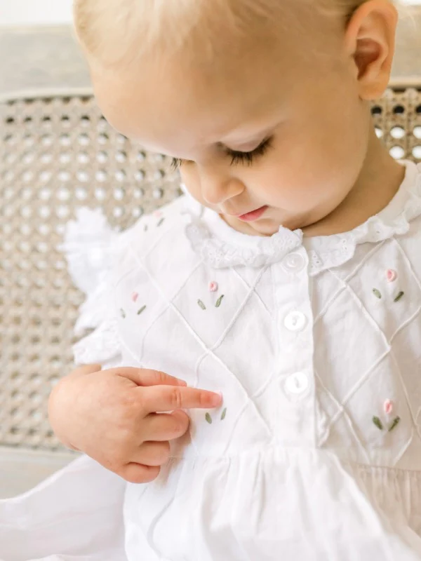 Rose White Cotton Dress, Embroidered - Image 3