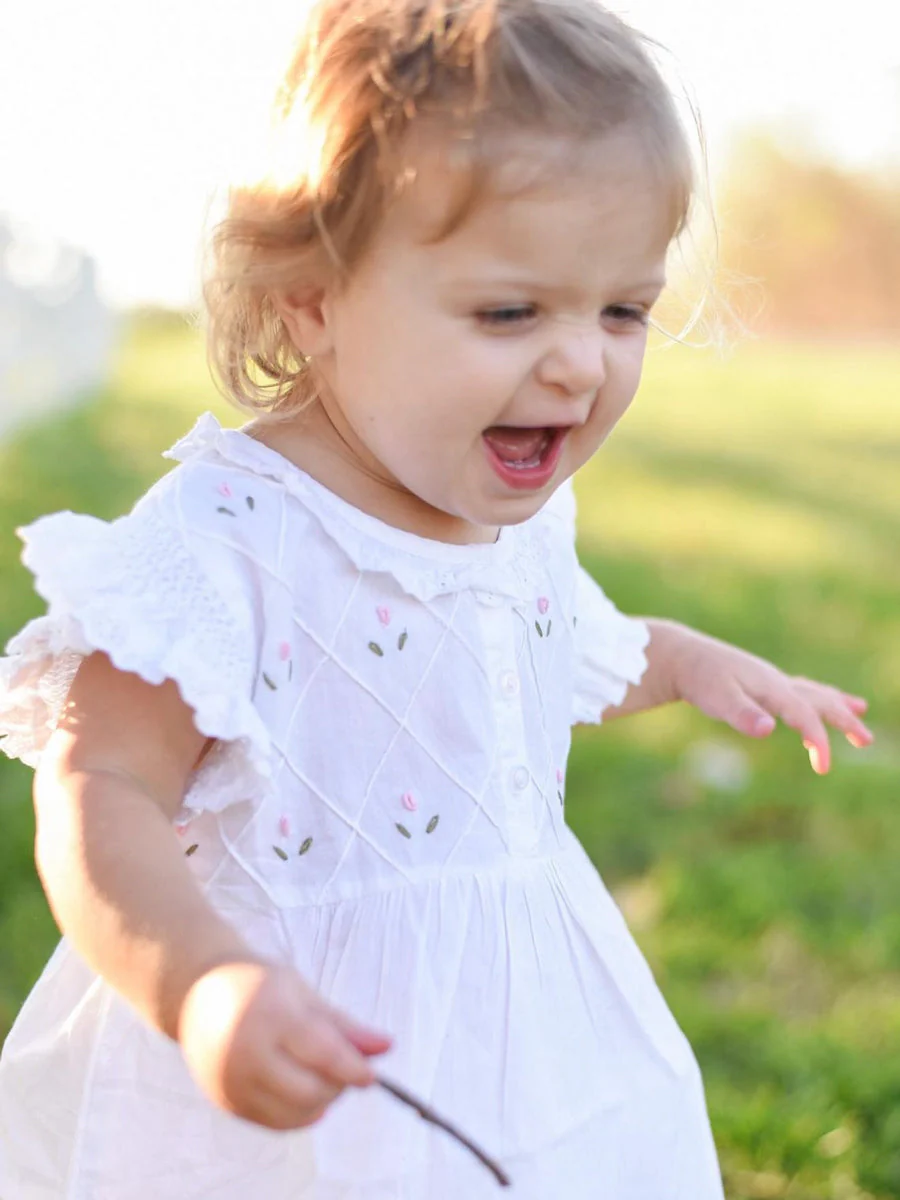 Rose White Cotton Dress, Embroidered - Image 4