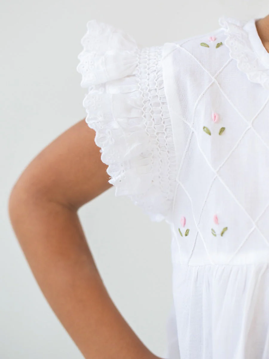 Rose White Cotton Dress, Embroidered - Image 7