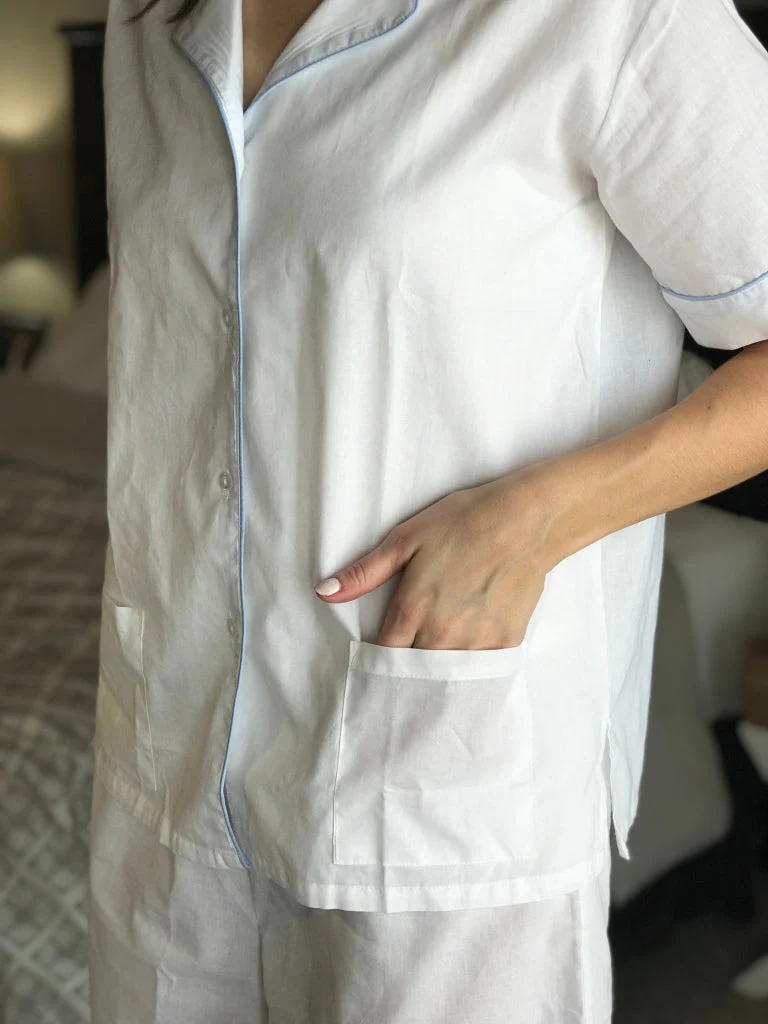 Iris Cotton PJ Set, Light Blue Piping - Image 4