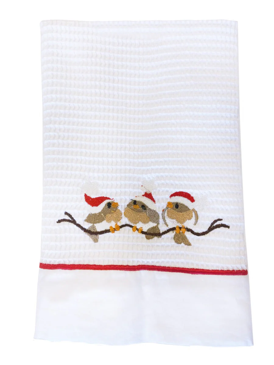 Guest Towel, Waffle Weave and Satin Trim, Christmas Birds on Branch - Image 2
