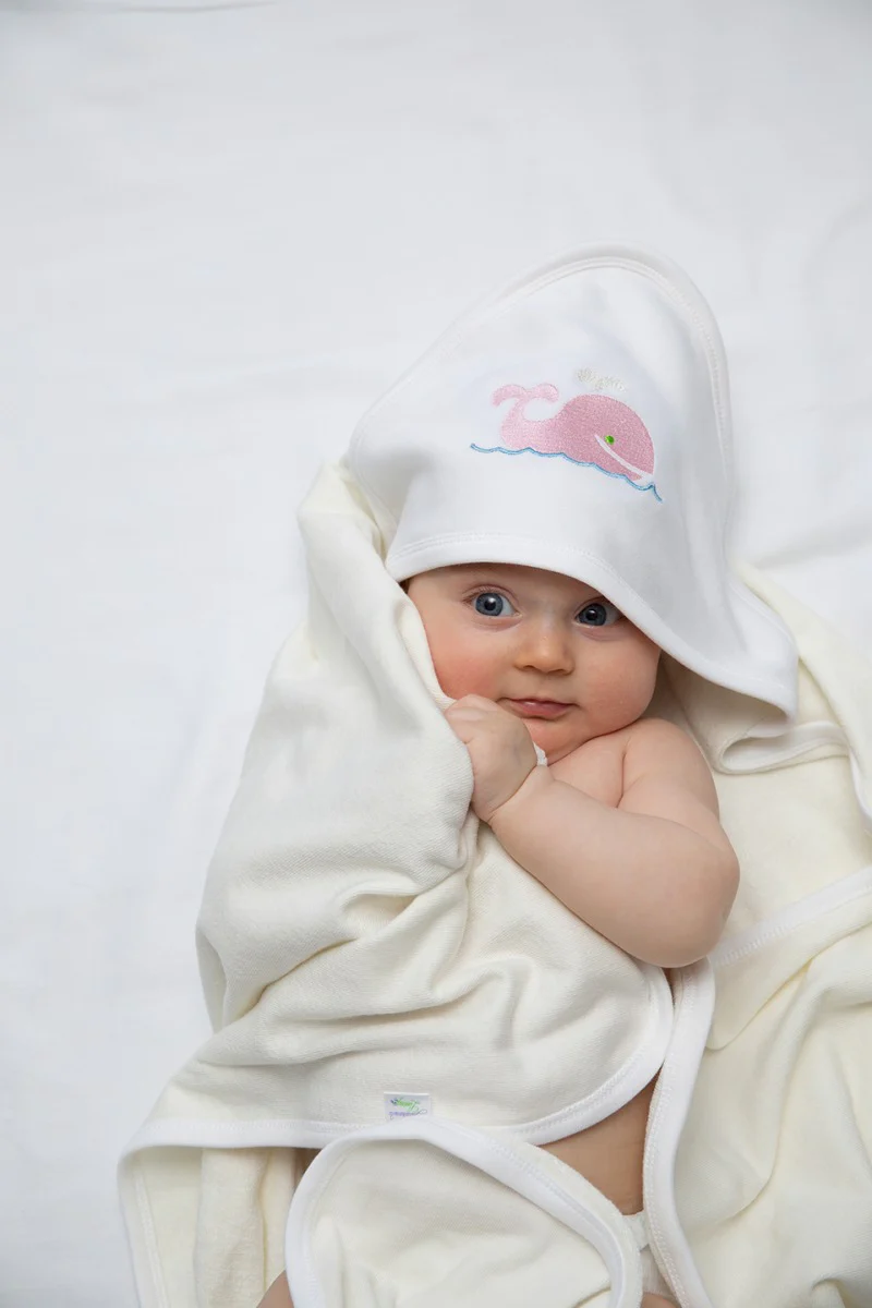 Baby Hooded Towel, White Combed Cotton , Hand Embroidered - Image 3