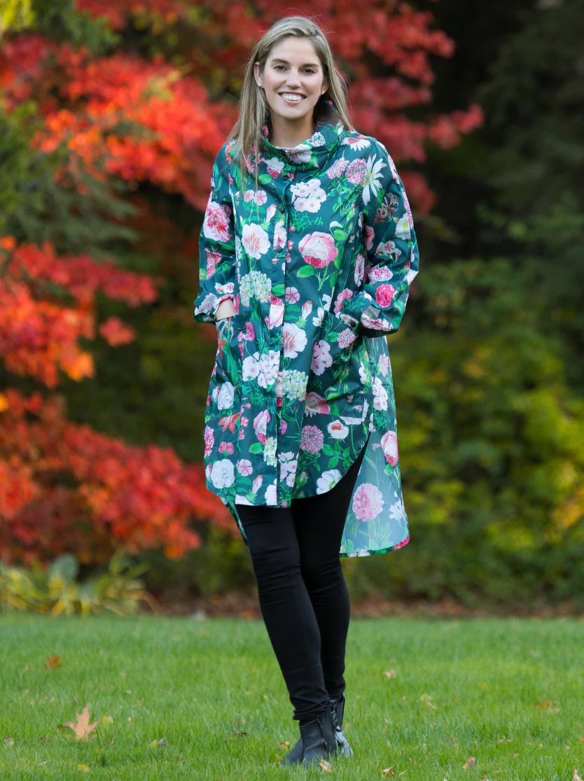 Rain Jacket, Peony Design (Black) - Image 2