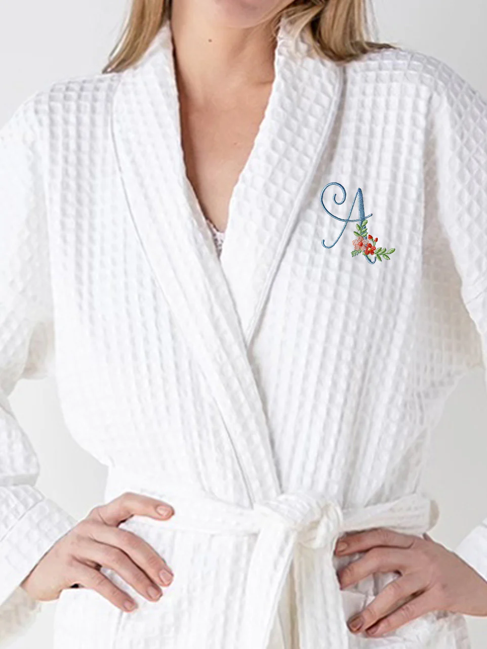 Bathrobe - White Cotton, Luxury Waffle Weave - Image 5