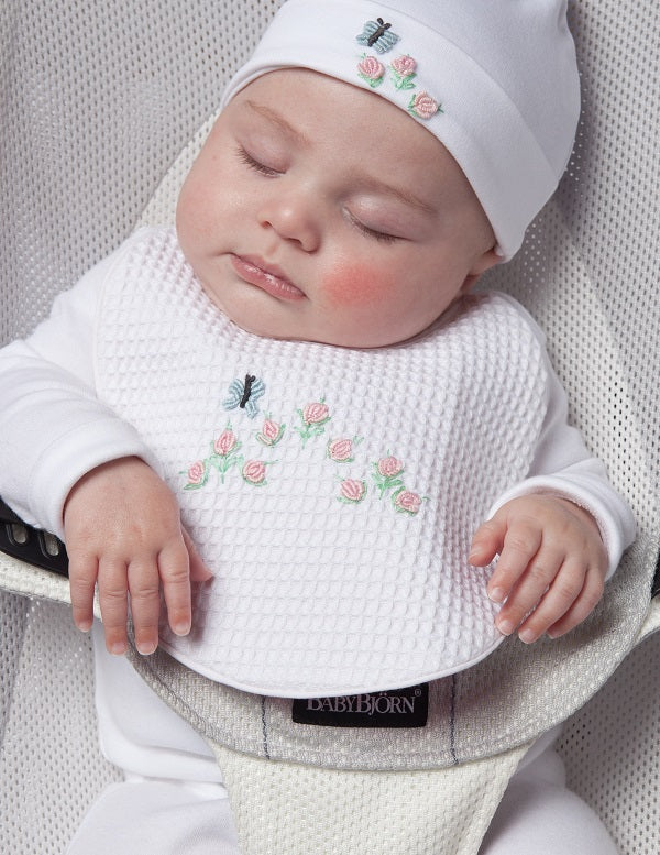 Baby Bib - White Waffle Weave, Gingham Lining, Hand Embroidered - Image 3