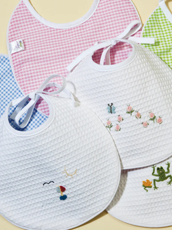 Baby Bib - White Waffle Weave, Gingham Lining, Hand Embroidered - Image 4