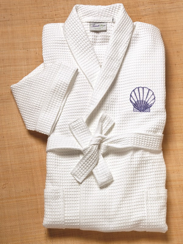 Bathrobe - White Waffle Weave, Embroidered (Scallop, Blue) - Image 3