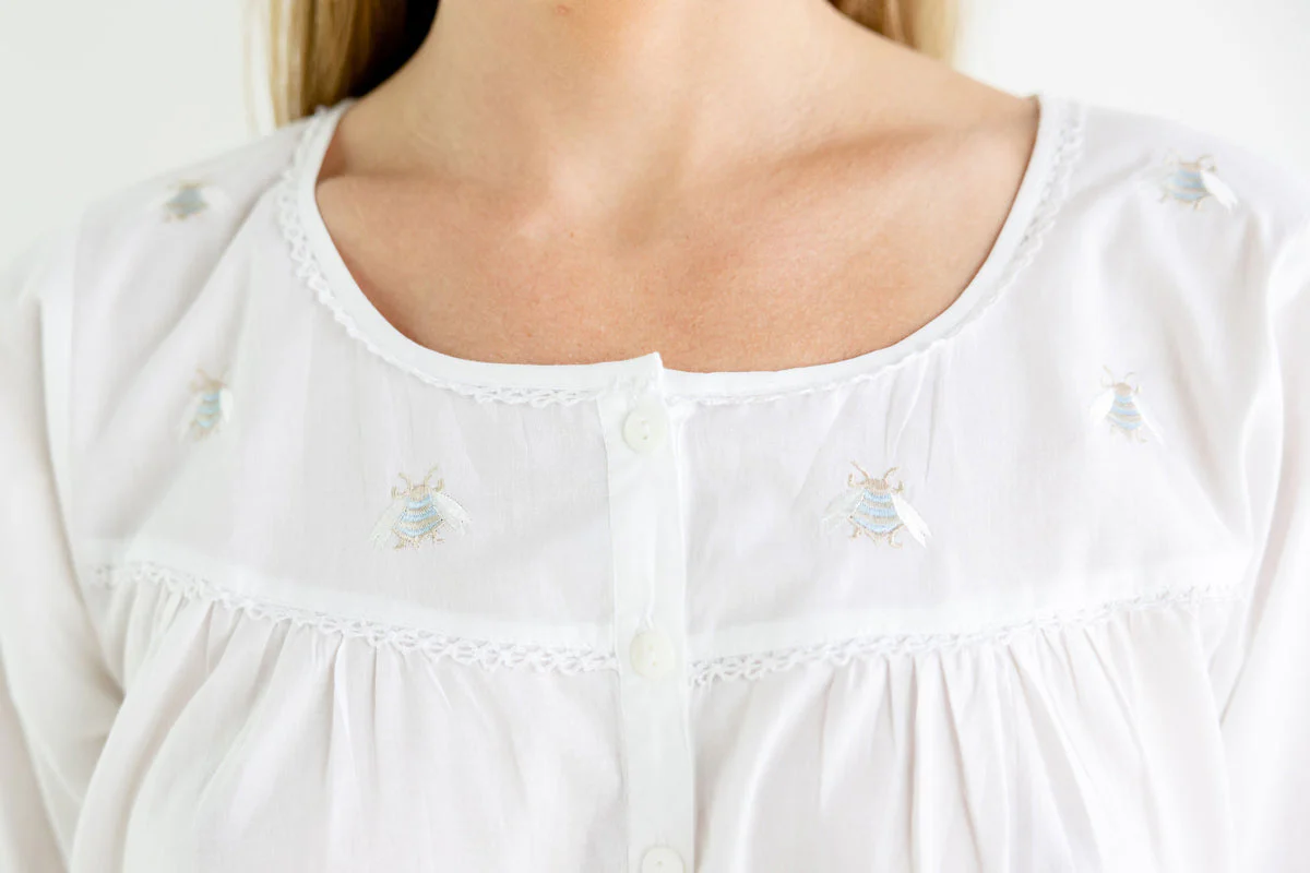 Bee White Cotton Nightgown, Embroidered - Image 3