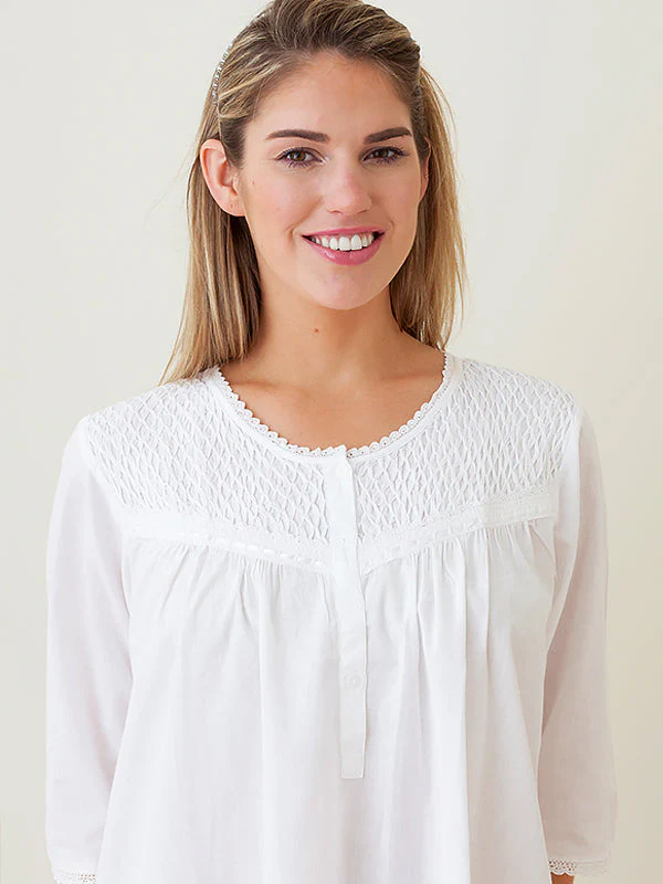 Liz White Cotton Nightgown, Smocking & Lace - Image 2