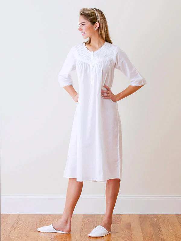 Liz White Cotton Nightgown, Smocking & Lace - Image 3