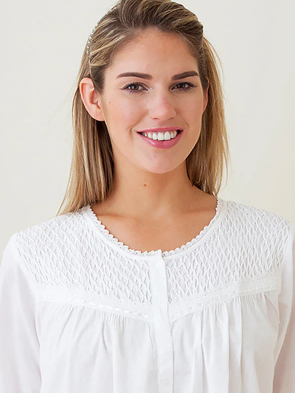 Liz White Cotton Nightgown, Smocking & Lace - Image 4