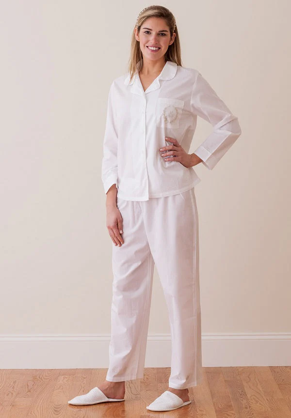 Lorraine White Cotton Pajamas, Embroidered - Image 3