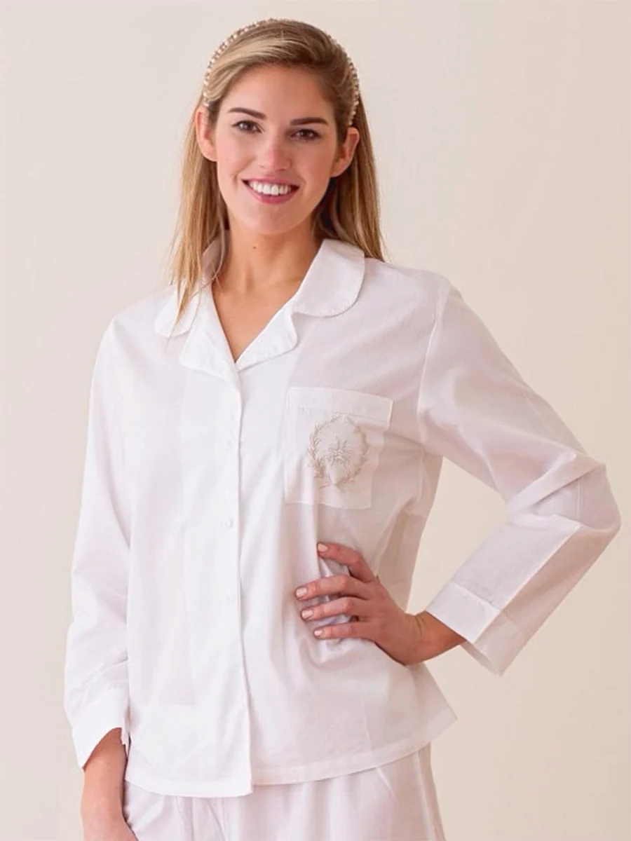 Lorraine White Cotton Pajamas, Embroidered - Image 5
