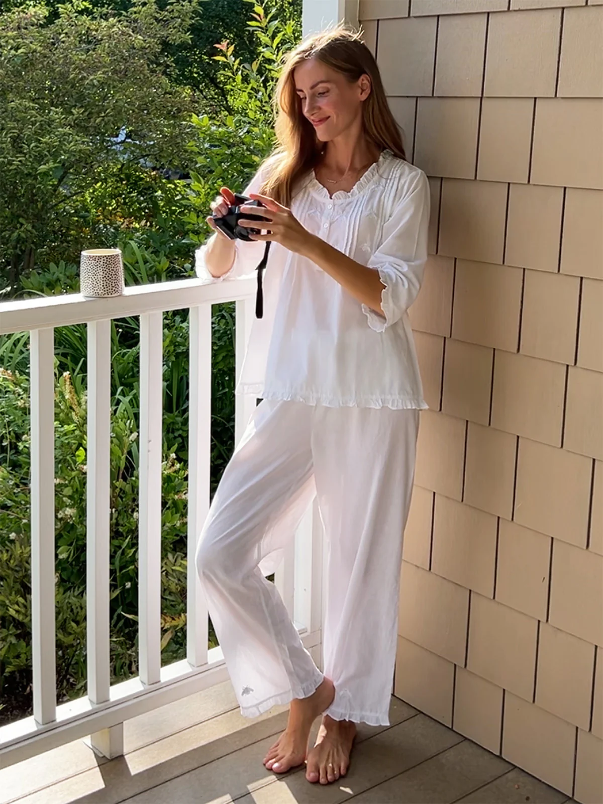 Caroline White Cotton Pajamas, Embroidered - Image 3