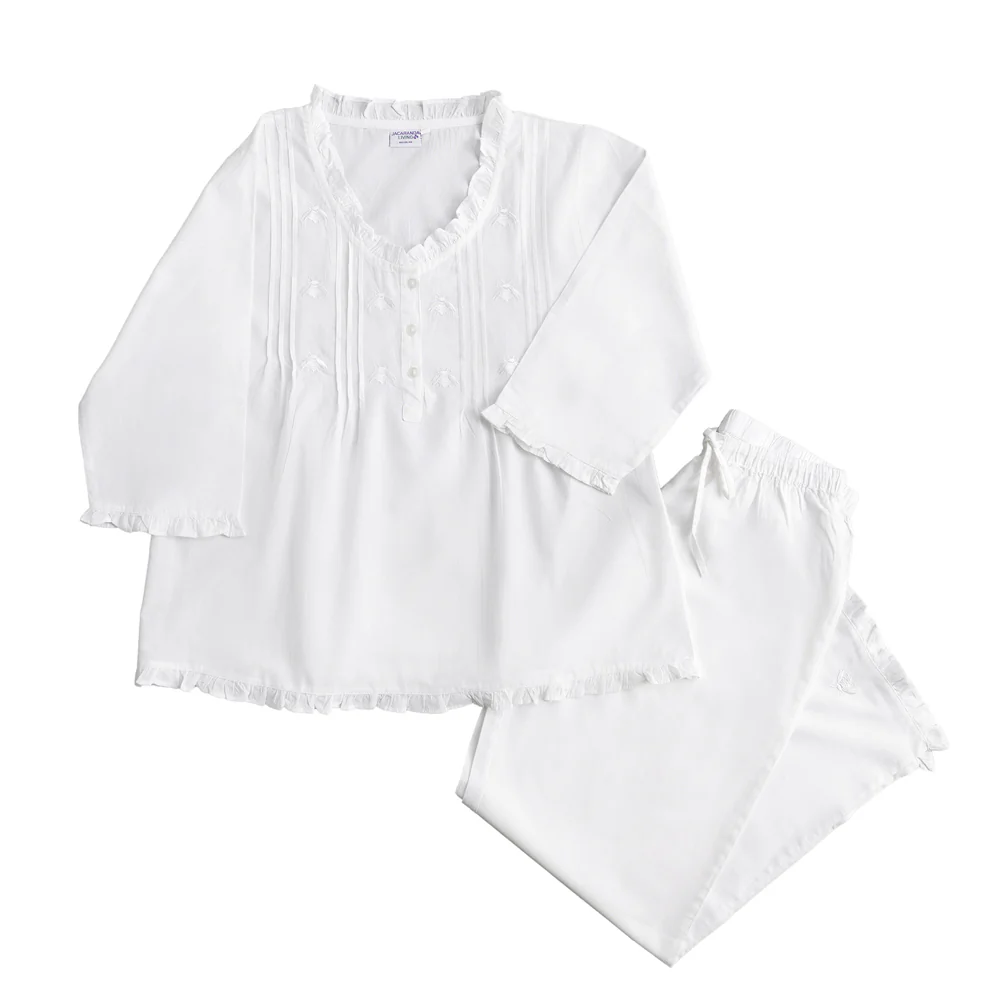 Caroline White Cotton Pajamas, Embroidered - Image 4