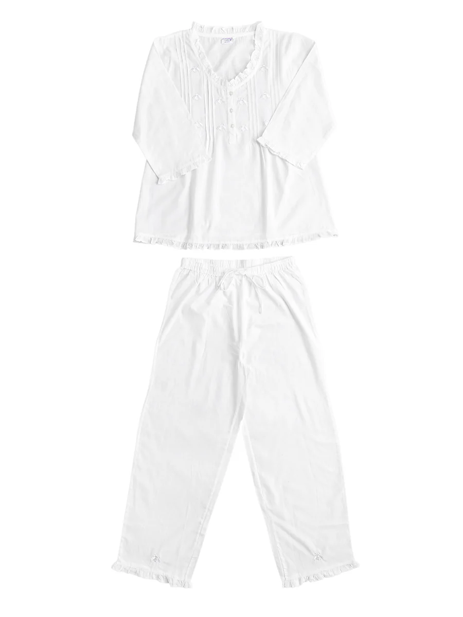 Caroline White Cotton Pajamas, Embroidered - Image 5